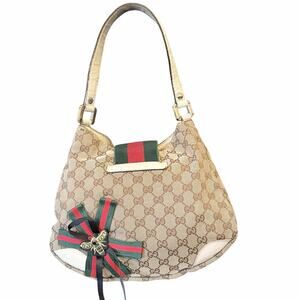 Gucci New Britt GG Canvas Web Stripe Bow Hobo Shoulder Bag Beige Monogram